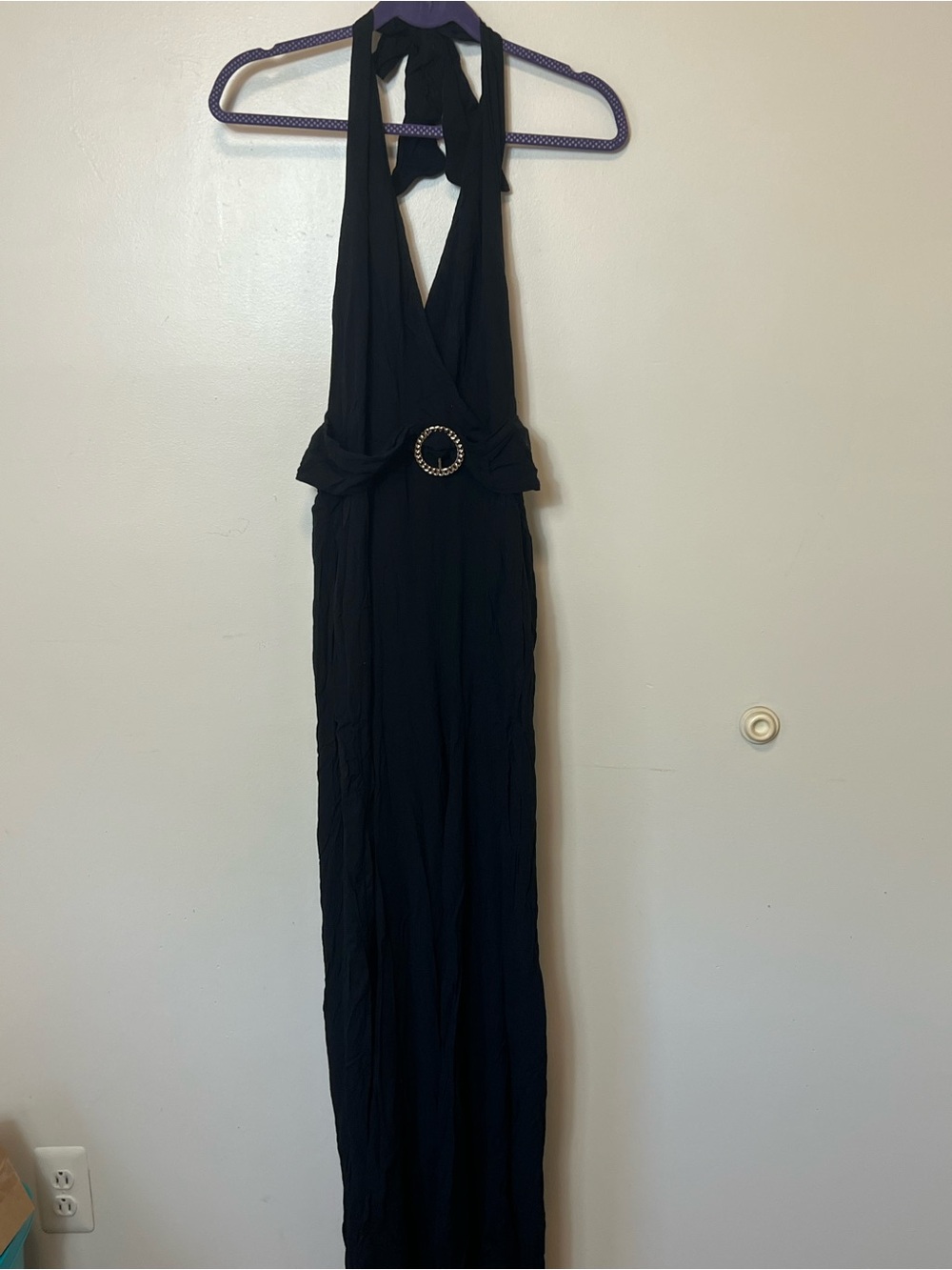 Boston Proper Black Halter Romper with Embellished Waist Ring